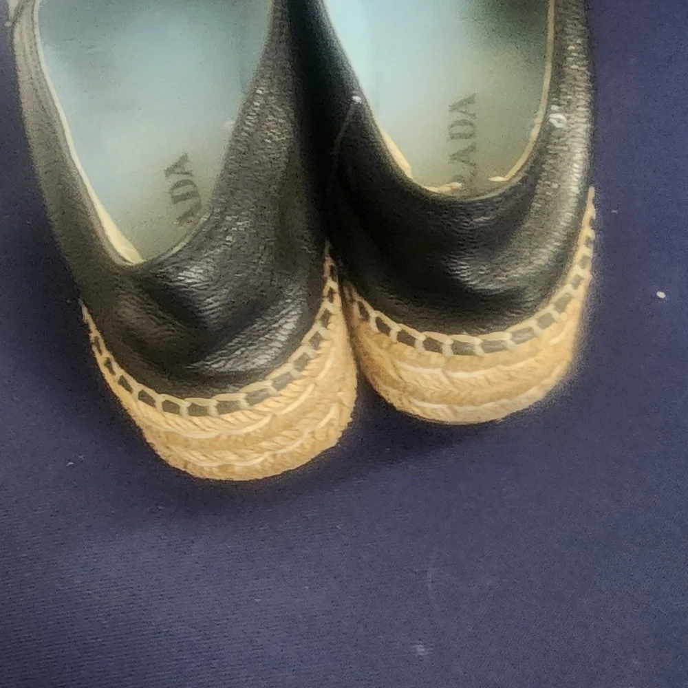 Prada Black Leather Espadrille Flats, Size 36.5‎